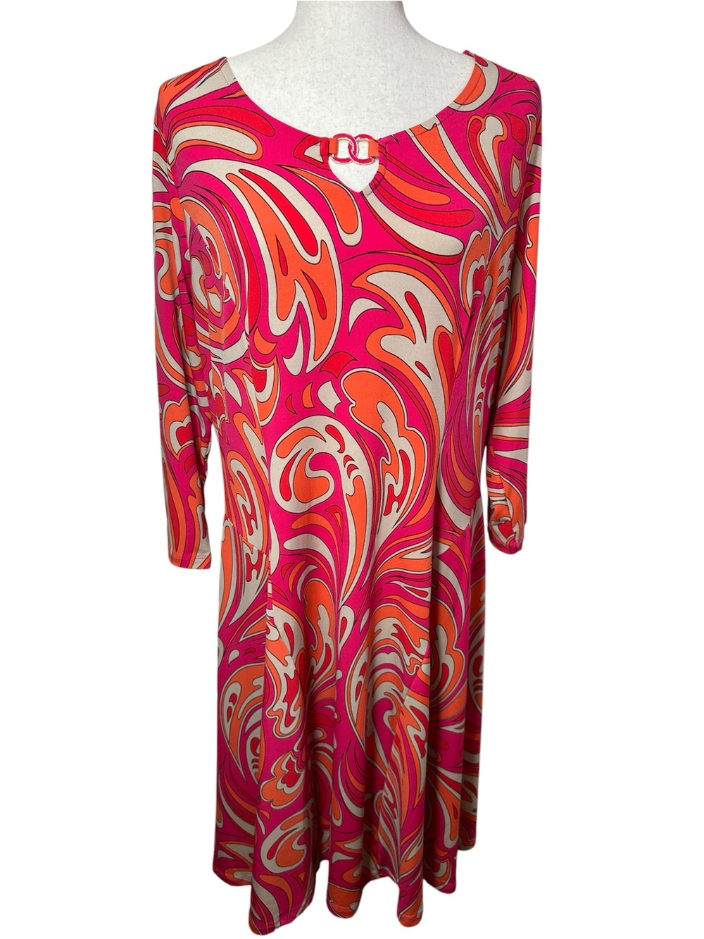 Susan Graver Mod Psychedelic Swirl Midi Dress Pink Orange 3/4 Sleeve Size L
